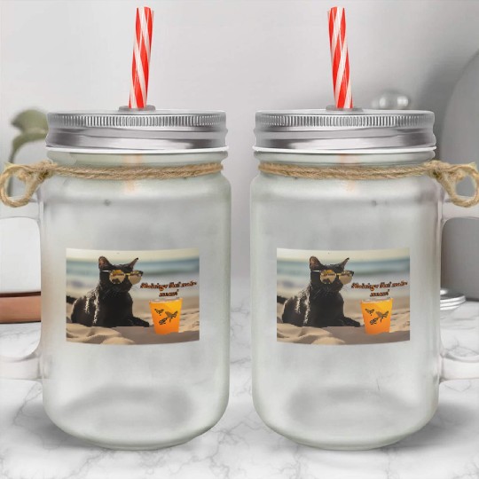 beach, kitten and drink. Holidays that make meow Mason Jar Cups