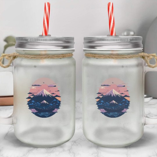 Serene Mount Fuji Sunset Peaceful River Scenery Mason Jar Cups