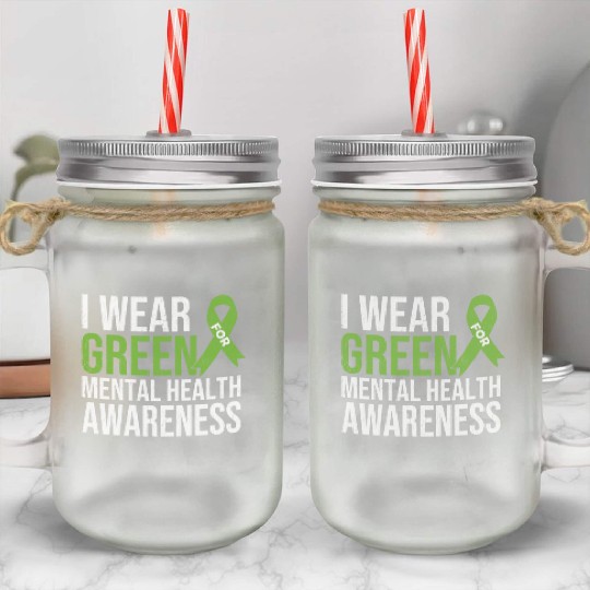 Green Ribbon Mental Health & Depression Awareness Mason Jar Cups