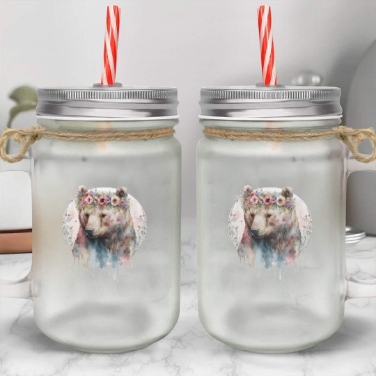 Artistic Watercolor Grizzly Bear Flower Crown Boho Mason Jar Cups