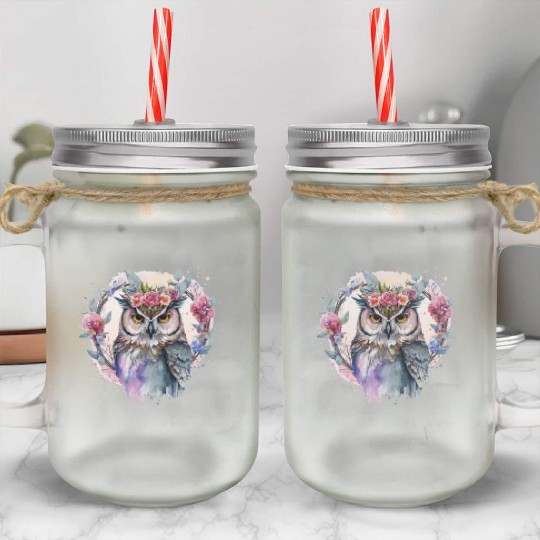 Watercolor Owl Flower Crown Artistic Floral Birds Mason Jar Cups