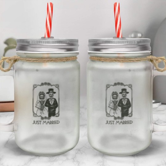 Halloween Skeletons Bride Groom Just Married Mason Jar Cups