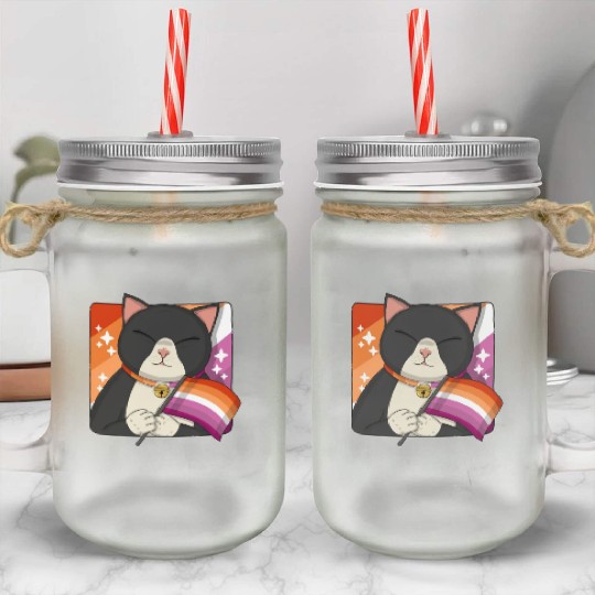 Cute Tuxedo Cat Holding Lesbian Pride Flag Mason Jar Cups