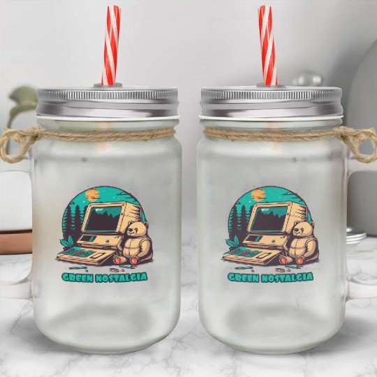 Green Nostalgia Toy Bear Nature Computer Mason Jar Cups