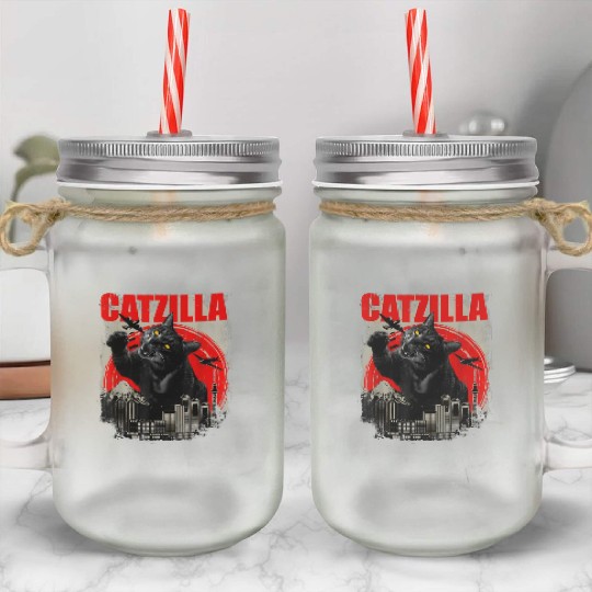 Catzilla Vintage Funny Cute Cat Art Japanese Sunse Mason Jar Cups
