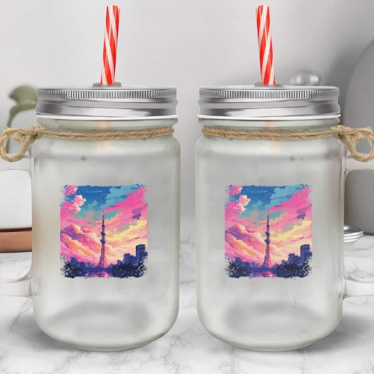 Vaporwave Skytree Tokyo Aesthetic Japanese Sight Mason Jar Cups