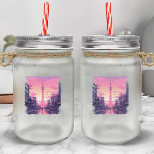 Aesthetic Vaporwave Skytree Tokyo Japanese Sight Mason Jar Cups