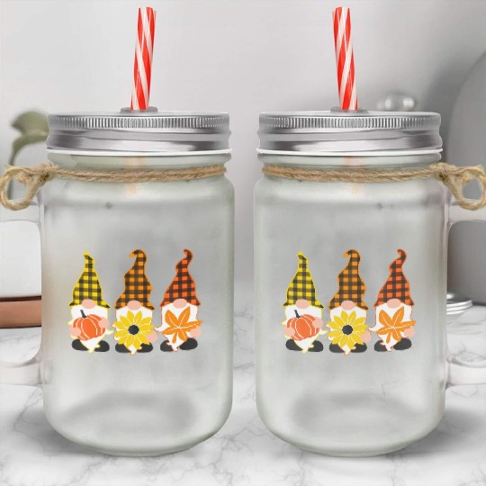 Hello Fall Autumn Plaid Gnomes Leave Pumpkin Mason Jar Cups