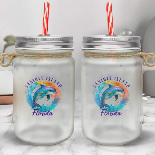 Sanbiel Island Florida Happy Watercolor Dolphin Mason Jar Cups