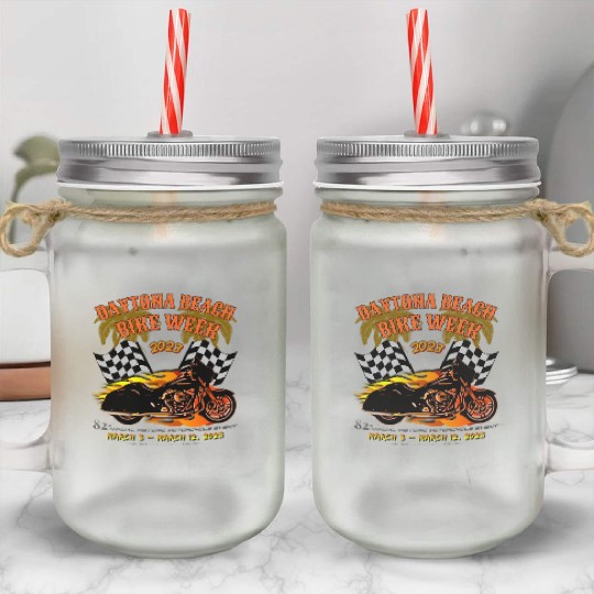 Daytona Beach Bike Week 2023 Checkered Flag Front Mason Jar Cups