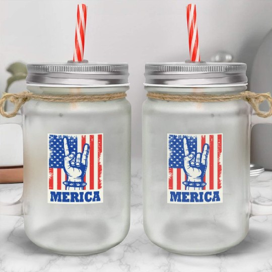 Merica Rock Usa Flag July 4th Mason Jar Cups