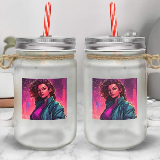 Synthwave City Bloom - Neon Pink Cityscape Mason Jar Cups