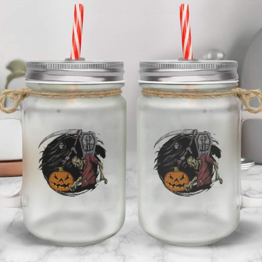 Scary pumpkin zombie Halloween grim reaper Mason Jar Cups