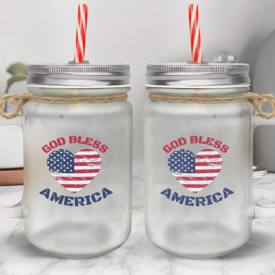 God Bless America, Heart Flag Shape. Mason Jar Cups