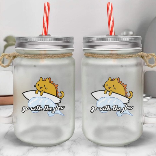 Catzilla Surfer Surf Lover Go With The Flow Mason Jar Cups