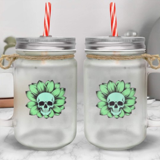 Green Toxic Sunflower Skull Vintage Style Mason Jar Cups