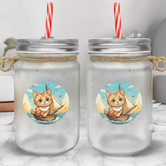 Sailing Cat on Sailboat, Sunset Animal Design Mason Jar Cups