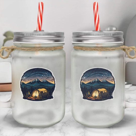A Camper Sitting By A Campfire Mason Jar Cups