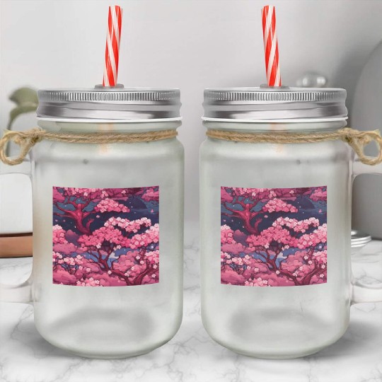 Anime Euphoria: Fantasy Cherry Blossom Dreamscape Mason Jar Cups