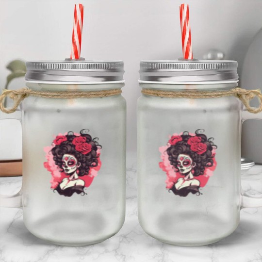 Dia de los muertos woman sugar skull with flowers Mason Jar Cups