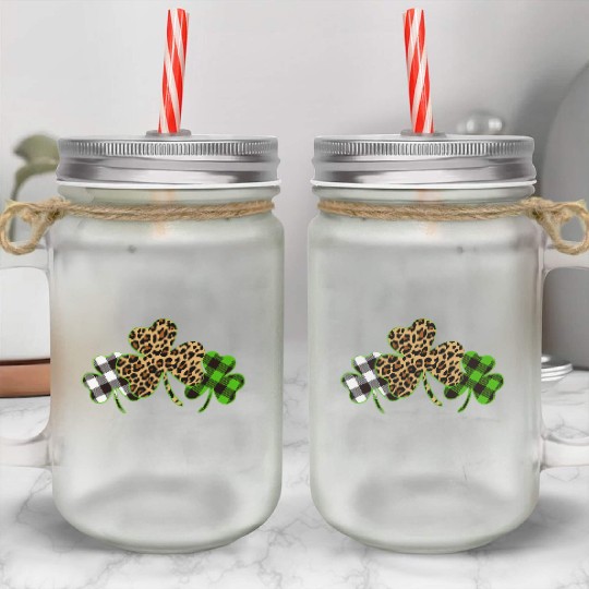 St Patricks Day Leopard Print Plaid Shamrock Mason Jar Cups