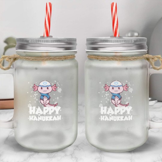 Happy Hanukkah Axolotl Kawaii Cute Axolotl Lover Mason Jar Cups