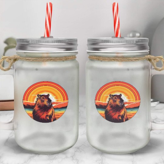Sunset Serenity: Rustic Capybara Stripe Illustrate Mason Jar Cups