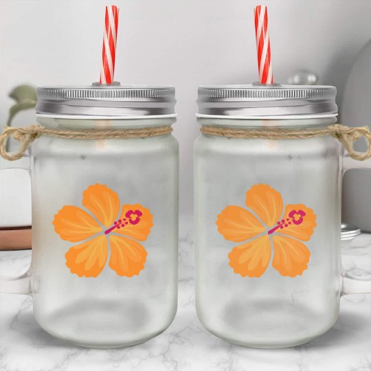 Orange Hand Drawn Hibiscus Flower Mason Jar Cups
