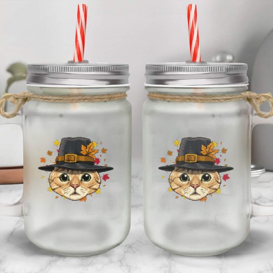 Thanksgiving Cat Pilgrim Mason Jar Cups