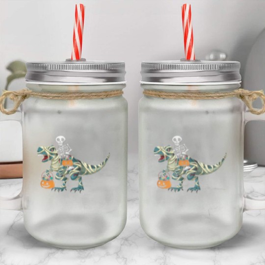 Skeleton Dinosaur Pumpkin Cool Creepy Halloween Mason Jar Cups