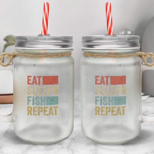 Eat Sleep Fish Repeat Fisher Gift 70s 80s Retro Mason Jar Cups