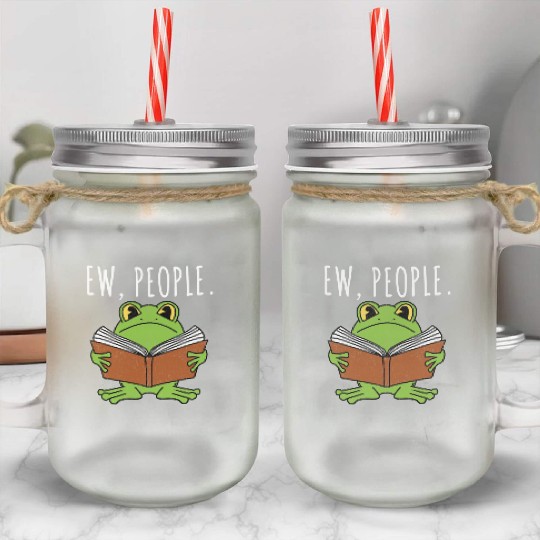 Ew People Cottagecore Frog Reading Book Mason Jar Cups