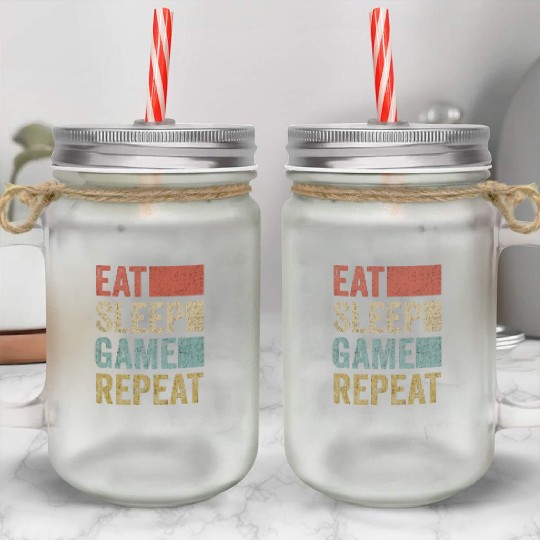 Vintage Retro Gamer Accessory Eat Sleep Game Mason Jar Cups