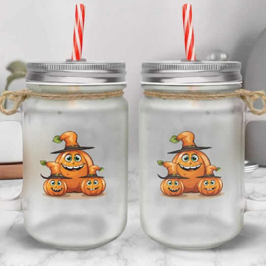Smiling Halloween Family Pumpkin With Spell Hat Mason Jar Cups