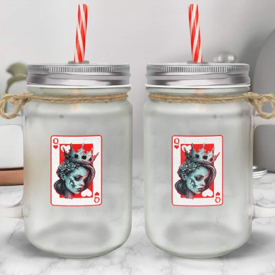 Queen of Hearts Creepy Poker Card Game Halloween Mason Jar Cups