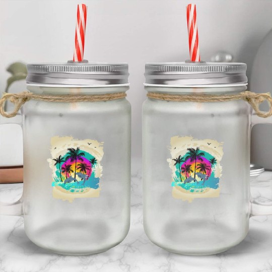 Dolphin Palm Tree Sunset Mason Jar Cups