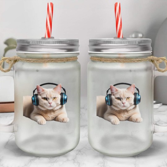 Music Lover Cat V II on Unisex Poly Cotton Mason Jar Cups