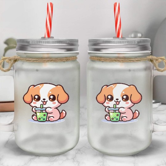 Playful dog with bubble tea Mason Jar Cups