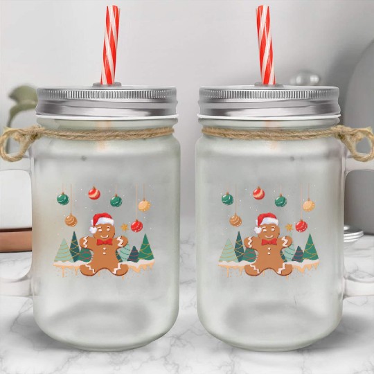 Gingerbread Man Cookie Snowy Christmas Ornaments Mason Jar Cups