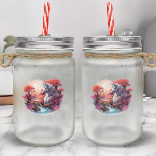 Joyful unicorn scene with a smiling unicorn Mason Jar Cups