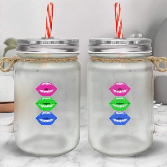 3 Kissing Lips Neon Colors Mason Jar Cups