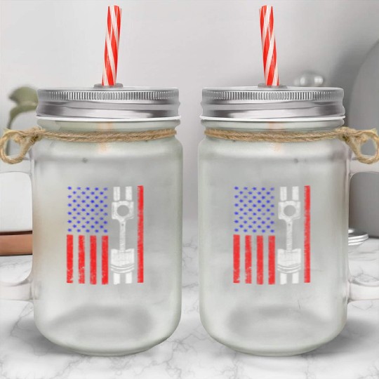 American Flag Piston Muscle Car Patriotic Vintage Mason Jar Cups