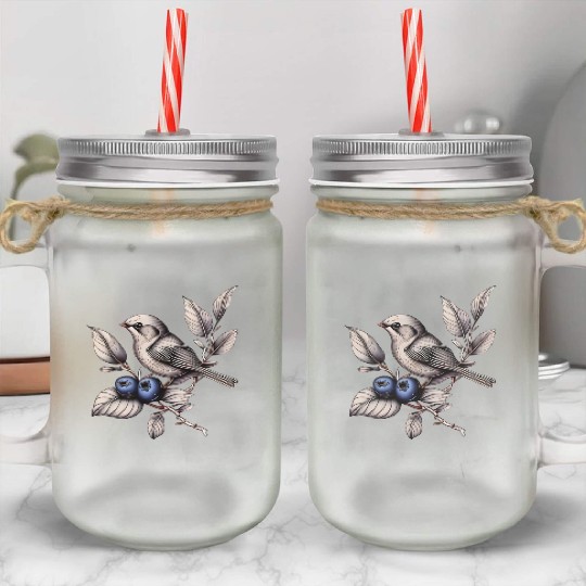 Bird on a Blueberry Branch Mason Jar Cups
