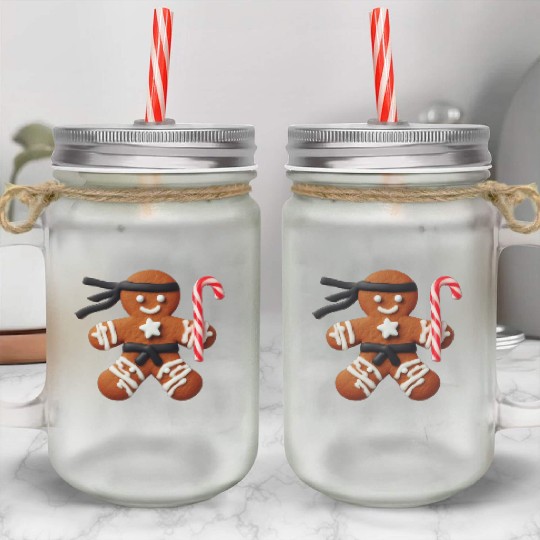 Funny Ninja Gingerbread Man Cookie Candy Cane Mason Jar Cups