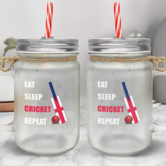 Eat Sleep Cricket Repeat England Flag Cricket Bat Mason Jar Cups