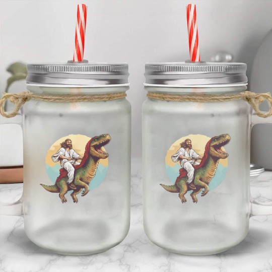Jesus Riding a Dinosaur Meme Dino Lover Mason Jar Cups