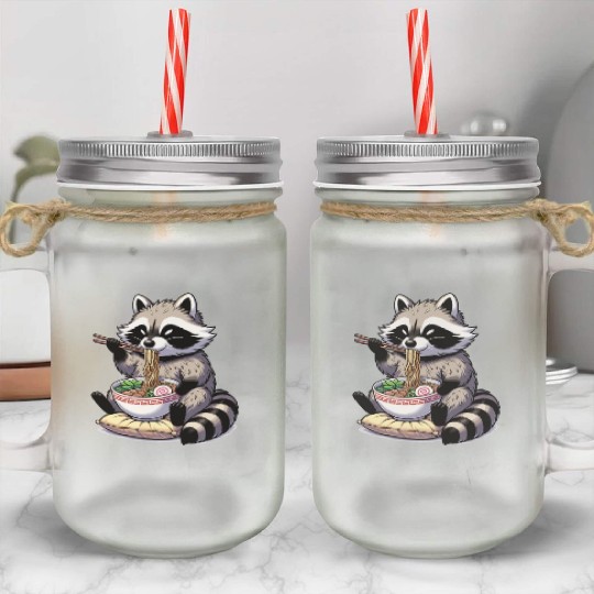 Cute Raccoon Eats Ramen Noodles Raccoon Ramen Mason Jar Cups
