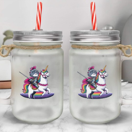Happy Funny Cat Knight Riding Unicorn Llama Alpaca Mason Jar Cups