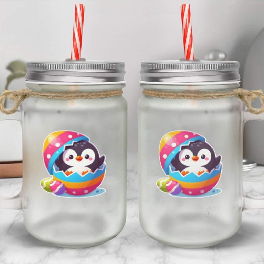 Penguin hatches from colorful Easter egg Mason Jar Cups