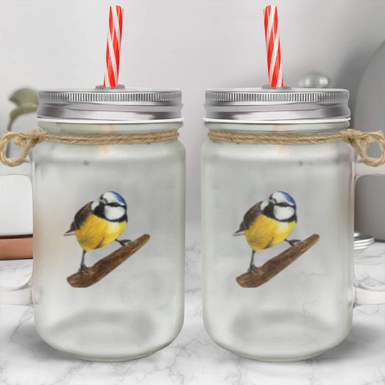 Blue tit titmouse hand painted watercolor. Mason Jar Cups